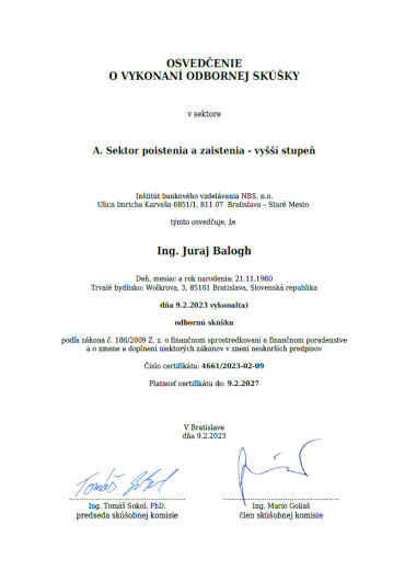 Professional exam - Insurance and reinsurance sector, higher level
